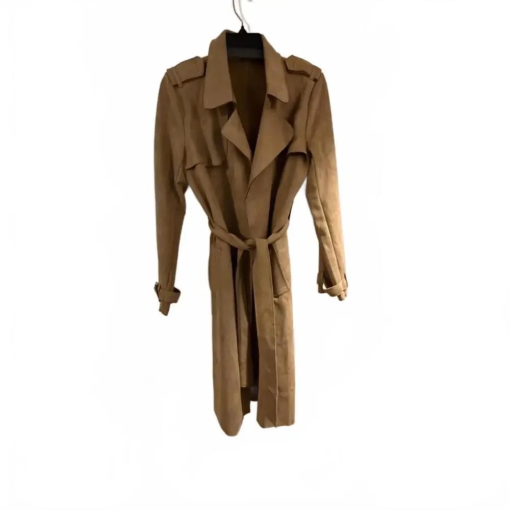 Philosophy Faux Suede Tan Trench Coat with Belt SZ‎ M. Y2K Trendy Career wear